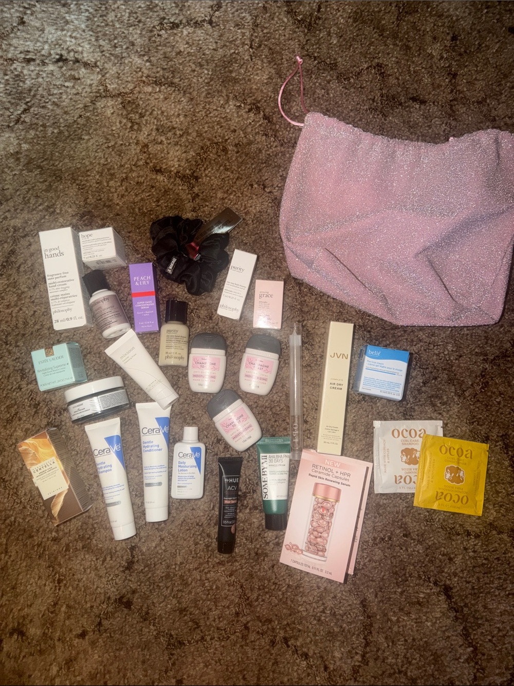 Ulta Beauty Pink Shimmer Drawstring Makeup Bag with Assorted Skincare Samples